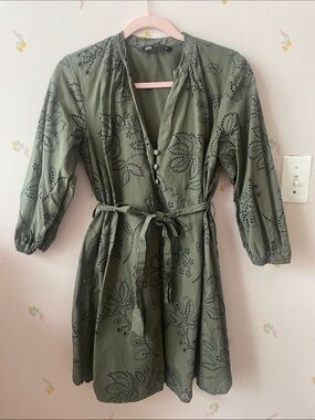 Zara Olive Eyelet Tie-Waist Mini Dress
